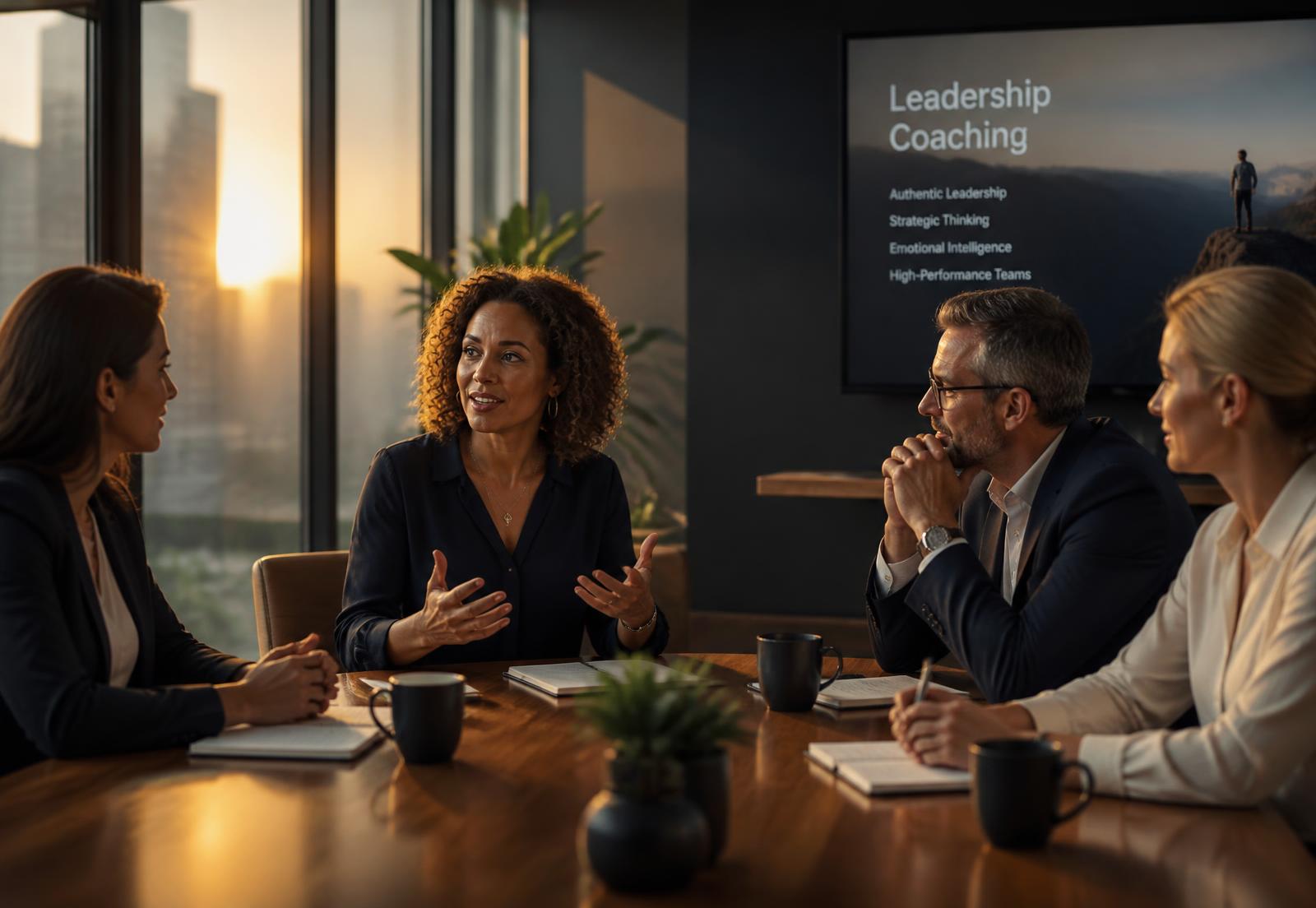 Sessão de consultoria de liderança com executivos em reunião